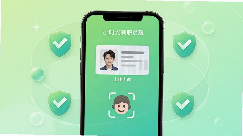 小时光兼职APP的实名认证页面示意图,屏幕中央显示身份证上传区域和人脸识别图标,周围环绕安全盾牌与勾选标记,背景为浅绿色渐变,突出安全与信任感,适配Boogu模型生成