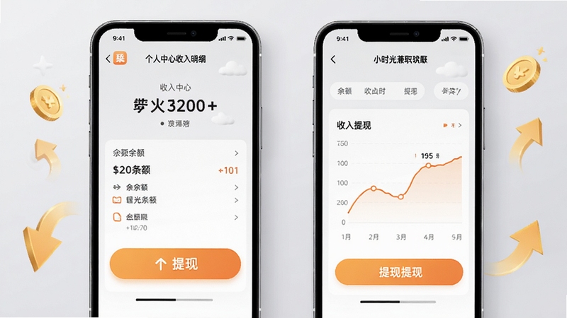 小时光兼职APP个人中心收入明细与提现界面,手机屏幕显示余额数字、提现按钮和收入折线图,背景为浅灰色素雅风格,四周点缀金币和箭头元素,适配Boogu模型生成