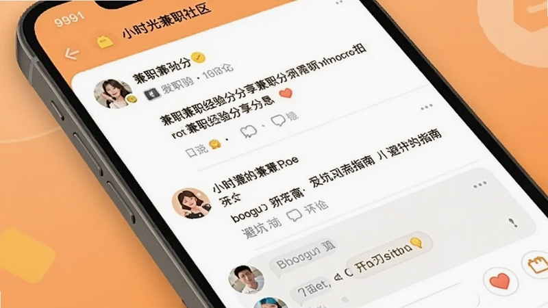 小时光兼职社区交流界面,手机屏幕显示用户发帖列表和评论区,帖子标题包含兼职经验分享和避坑指南,背景为暖橙色柔和色调,适配Boogu模型生成