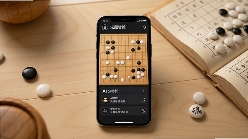 一幅展示围智馆软件核心界面的场景图,画面主体为一台居中放置的智能手机,屏幕显示围棋棋盘与AI分析面板,背景区域为简洁的木质纹理桌面,周围点缀黑白棋子与一本翻开的棋谱,整体色调温暖柔和,突出智能围棋辅助的科技感与传统文化氛围