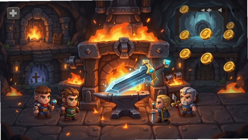 Forge Rush - Idle RPG 游戏主界面全景展示,画面中央是一座冒着火星的奇幻铁匠铺,铁砧上放着一把发光的巨剑,周围有几位Q版英雄角色正在等待装备,背景是分层的地下城入口和飘浮的金币资源图标,整体色调为暖橙色与深灰色金属质感,风格为欧美卡通渲染,适合作为下载站头图