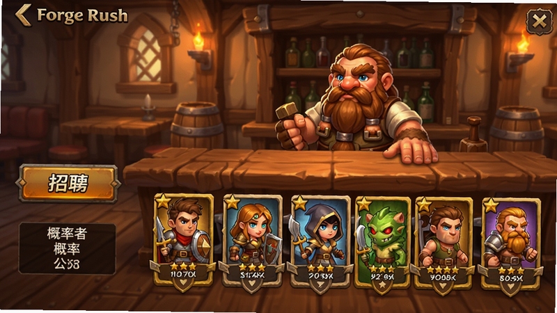 Forge Rush - Idle RPG 英雄招募界面,酒馆内部场景,木质吧台后站着一位矮人酒保,吧台前有六位不同职业的Q版英雄展示卡牌,卡牌上有星级和职业图标,画面左侧有招募按钮和概率公示,整体色调为温暖的琥珀色和棕色,适合作为英雄系统配图