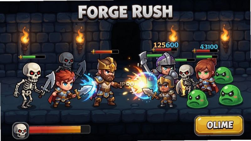Forge Rush - Idle RPG 地下城战斗场景,六位Q版英雄在迷宫走廊中与骷髅兵和史莱姆交战,画面中有飘动的伤害数字和技能特效,背景是幽暗的地牢墙壁与火把,画面下方有自动战斗和加速按钮,整体风格为明亮的卡通渲染,适合作为战斗玩法展示图