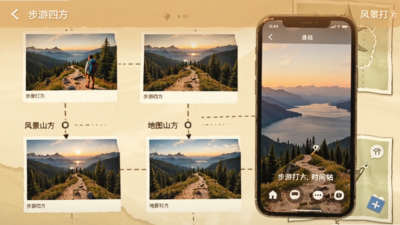 步游四方 风景打卡时间轴 照片与地图坐标结合 山间小路 湖泊远景 手机界面展示 温暖色调