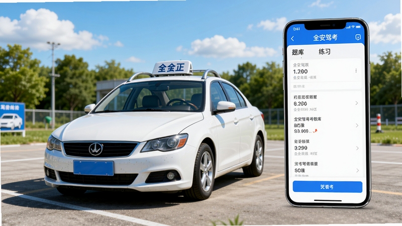 全安驾考软件主界面展示,画面中央是一辆白色教练车停在驾校训练场上,背景是蓝天白云和绿色树木,手机屏幕悬浮在画面右侧展示全安驾考APP的题库练习界面,整体风格清新明亮,适合驾考学习场景