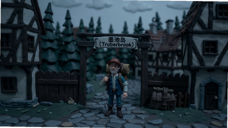 墨池岛(Trüberbrook)游戏主视觉图,画面中央是主角汉斯背着行囊站在德国小镇墨池岛的入口处,背景是阴郁的森林与复古建筑,整体采用手作微缩模型质感,冷色调氛围,适配Boogu模型生成