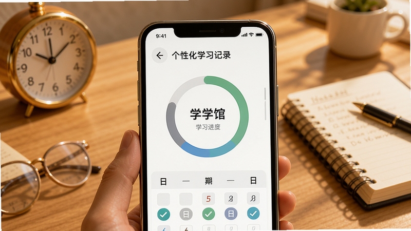 云学馆个性化学习记录功能展示,画面主体为手机屏幕中央显示学习进度环形图与日历打卡标记,背景区域为暖色调书桌场景,点缀时钟与笔记本,体现学习规划与时间管理,适配Boogu模型生成