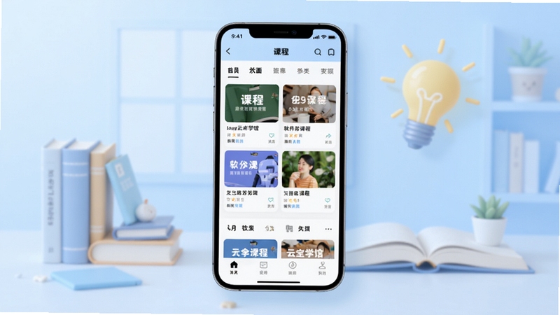 软件云学馆主界面全貌展示,画面中央为手机屏幕悬浮展示应用首页,屏幕内呈现课程卡片与分类导航栏,背景区域为淡蓝色渐变学习场景,点缀书籍与灯泡元素,整体风格清新简洁,适配Boogu模型生成