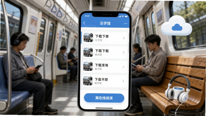 云学馆离线学习功能场景图,画面主体为手机屏幕中显示已下载列表与离线阅读按钮,背景区域为地铁车厢或户外长椅场景,点缀耳机与云朵图标,突出随时随地学习,适配Boogu模型生成