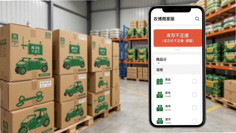 农博商家版库存预警界面展示,手机屏幕显示库存不足提醒与商品分类列表,背景为整齐摆放的农资商品纸箱与货架,画面风格简洁商务,适合Boogu模型生成