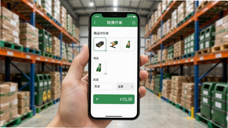 农博商家版移动开单功能界面,画面中一只手拿着手机,屏幕显示销售开单页面,包含商品选择、数量输入和金额合计区域,背景为农资仓库货架,光线明亮,适合Boogu模型生成