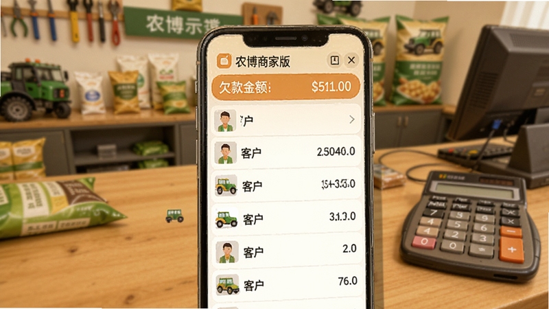 农博商家版客户欠款管理页面,手机屏幕显示客户列表与欠款金额统计,背景为农资门店柜台与计算器,整体色调偏暖,适合Boogu模型生成