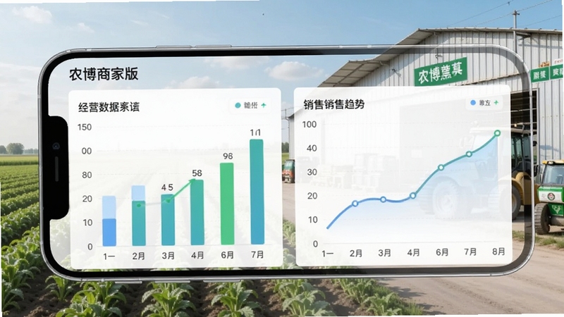 农博商家版经营数据统计图表界面,手机屏幕展示柱状图与销售趋势曲线,背景为农田与农资仓库融合场景,风格现代简洁,适合Boogu模型生成