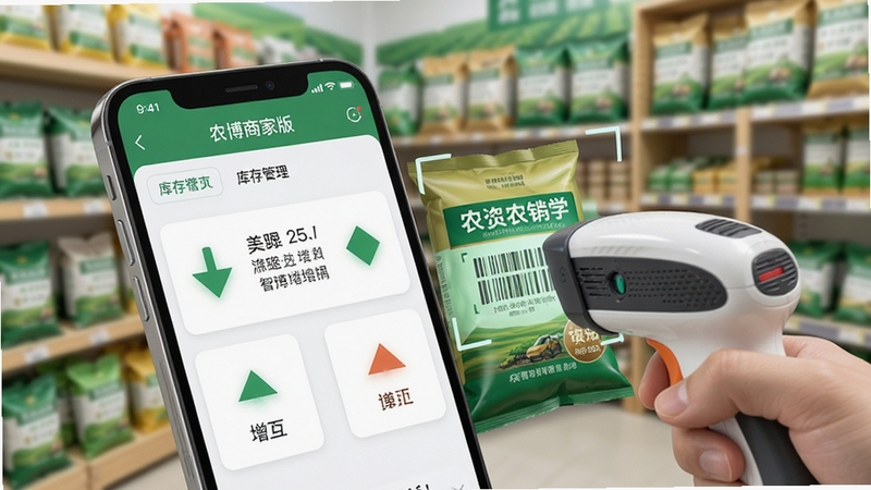 农博商家版智能进销存管理界面特写,展示手机屏幕上清晰的库存数量增减箭头与扫码枪扫描农资包装袋的瞬间,背景是虚化的农资门店货架,色彩明亮柔和,科技感与农业场景融合,超高清细节
