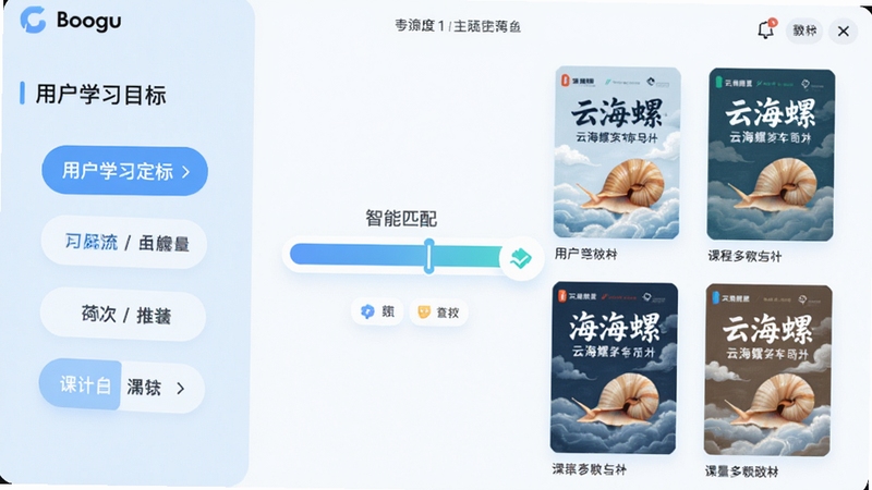 �ƺ�������1��1�Ŀγ̶��ƽ��棬���������ʾ�û���ѧϰĿ���ǩ���Ҳ�չʾ���ײ�ͬ����Ľ̲ķ��棬�м���һ������ƥ��������������������죬��ǳ��ɫ�Ͱ�ɫΪ��ɫ����ͻ�����Ի��Ƽ����ܣ�����Booguģ�����ɡ�
