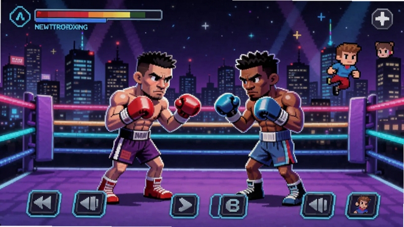 Newtro Boxing ����ȭ����Ϸ�����棬�޺���̨������λ���ȭ�ֶ��ţ������ǳ���ҹ���븴������Ԫ�أ������·��в�����ť��������ɫ�����Ϻ�������Ϊ��������Booguģ������