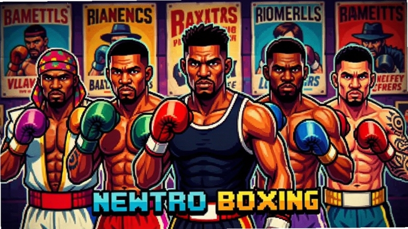 Newtro Boxing ��Ϸ��ɫѡ����棬��λ��ͬ����ȭ��վ��һ�ţ��д�ͷ���ġ��д����ĵġ��������ģ������Ǹ��ź���ǽ��ɫ�����޶Ա�ǿ�ң��ʺ�AI��ͼ