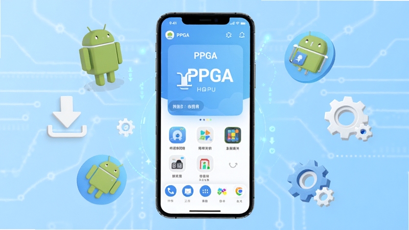 PPGA软件主界面全貌展示,画面中央为手机屏幕,屏幕内呈现PPGA应用首页的简洁布局,背景为淡蓝色渐变科技风,四周环绕着安卓手机、下载箭头、齿轮图标等元素,整体风格清爽明快,适配Boogu模型生成