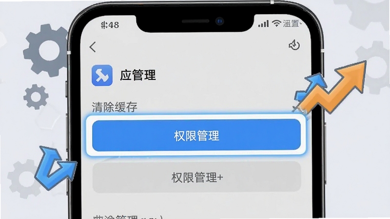 PPGA软件运行优化设置界面示意图,画面展示手机设置页面中应用管理选项,高亮显示清除缓存和权限管理按钮,背景为浅灰色,配有齿轮和加速箭头装饰元素