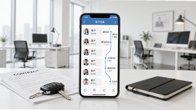 汽车经销商客户跟进功能展示,画面中央为手机屏幕显示客户列表和跟进时间轴,周围环绕着汽车钥匙、合同文件等元素,背景为明亮办公室,商务简约风格