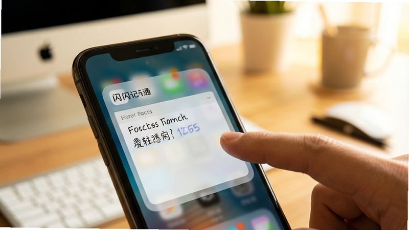 闪记通快速记录功能特写,画面展示一根手指轻触手机屏幕上的桌面小组件,便签内容瞬间生成,背景为虚化的办公桌面场景,色调温暖明亮,突出便捷与速度感