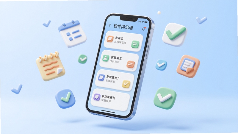 软件闪记通主界面展示,画面中央悬浮着一部智能手机,屏幕亮起显示简洁的卡片式便签列表,背景为柔和的淡蓝色渐变,周围点缀着漂浮的笔记图标与对勾符号,采用3D微拟物风格,光线明亮通透,突出高效与清爽的视觉感受