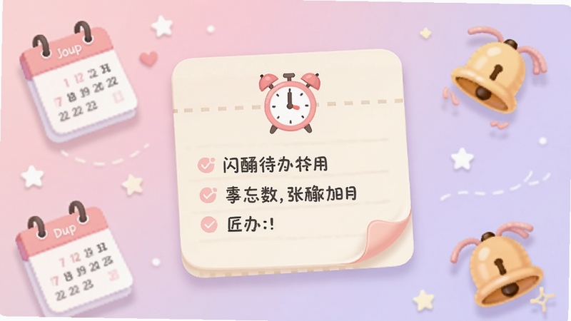 闪记通待办事项提醒界面,画面中心是一个带有闹钟图标的便签卡片,卡片上写着待办事项,背景是柔和的粉紫色调,周围散落着日历和铃铛的装饰元素,整体风格清新可爱