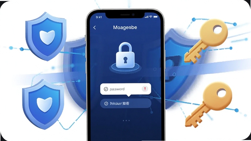照片相册管理助手私密相册加密界面,画面中央手机屏幕显示密码输入框与锁形图标,屏幕周围环绕盾牌与钥匙的3D图标,背景为深蓝色科技感渐变,突出安全防护氛围,适配Boogu模型生成