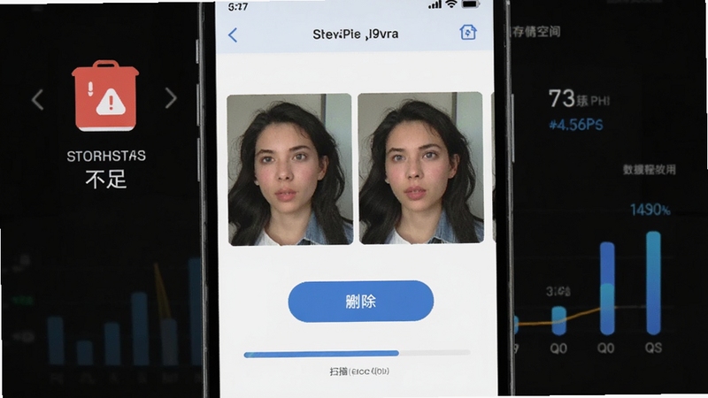 照片相册管理助手重复照片清理界面,手机屏幕显示两张相似照片并排对比,中间有删除按钮与扫描进度条,背景为手机存储空间不足的提示图标与释放空间的数据可视化图表,整体风格简洁明快
