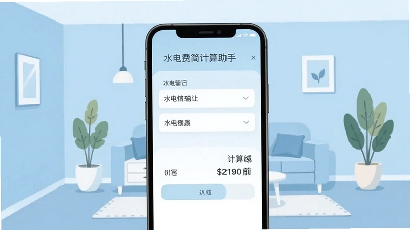 水电费极简计算助手 软件主界面展示 画面中央是手机屏幕显示水电费输入框和计算结果 背景为浅蓝色简约家居环境 干净整洁 扁平化设计风格