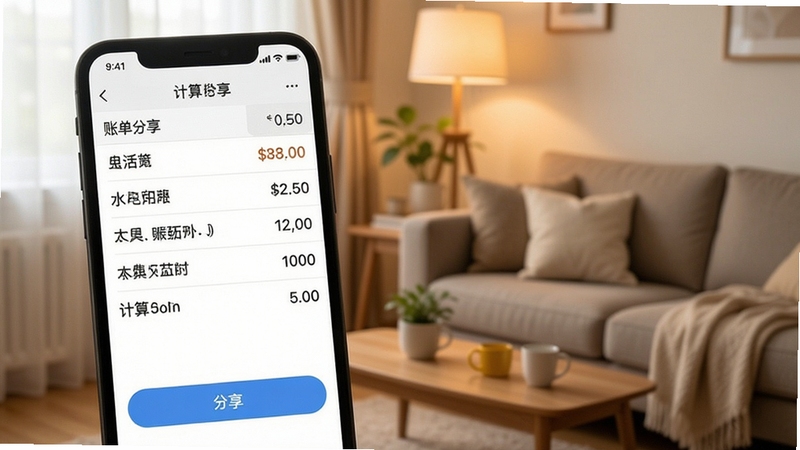 水电费极简计算助手 账单分享界面 手机屏幕显示计算明细列表和分享按钮 背景为温馨客厅一角 柔和光线 生活化场景