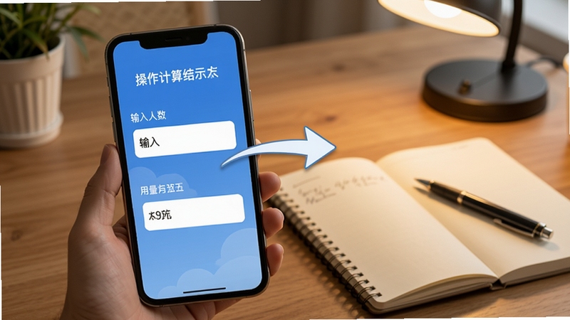 水电费极简计算助手 操作步骤示意图 手机屏幕显示输入人数和用量 旁边有箭头指向计算结果 背景为书桌场景 有笔记本和笔 学习工作氛围