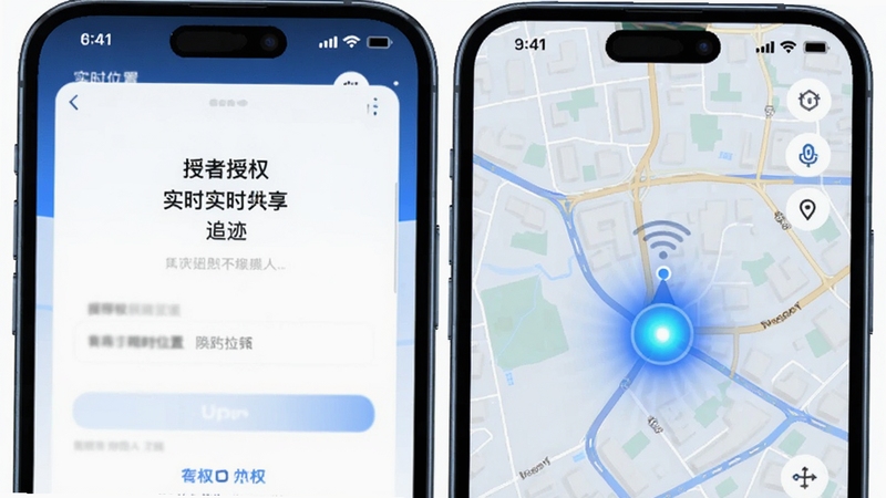 手机实时找人追迹实时位置共享功能展示,画面中两部手机并排显示,左边手机显示授权界面,右边手机显示地图上的实时位置标记,地图背景为城市道路,标记带有呼吸灯效果,整体色调为科技蓝与白色,适合Boogu模型生成