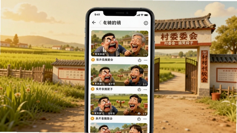 村委会-搞笑段子 软件首页界面展示,画面中央为手机屏幕,屏幕内显示农村搞笑短视频列表,背景为乡村田野和村委会大门,暖色调,卡通写实风格,突出搞笑欢乐氛围