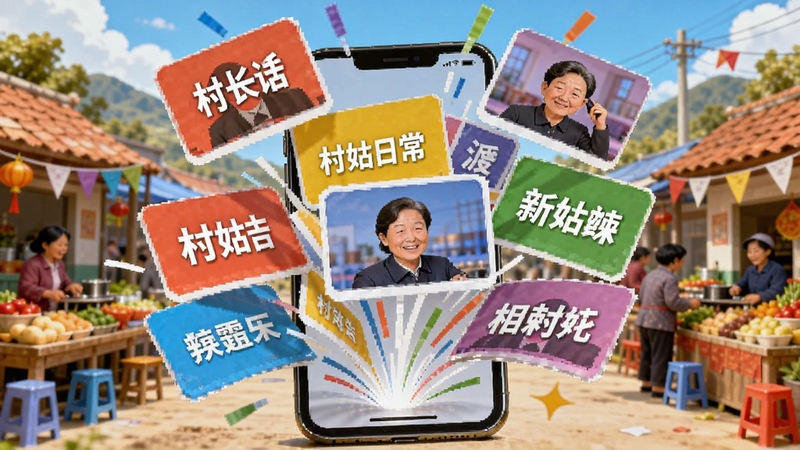 村委会-搞笑段子 海量内容库展示图,画面中一堆五颜六色的视频卡片从手机中飞出,卡片上写着村长讲话、村姑日常等字样,背景是乡村集市,风格活泼鲜艳