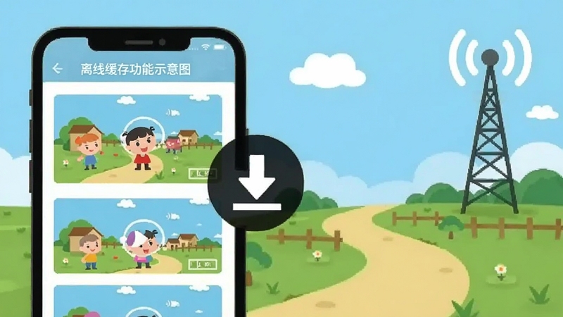 村委会-搞笑段子 离线缓存功能示意图,画面展示手机屏幕中视频列表旁出现下载箭头图标,背景为乡村小路和信号塔,简洁明快的扁平化风格