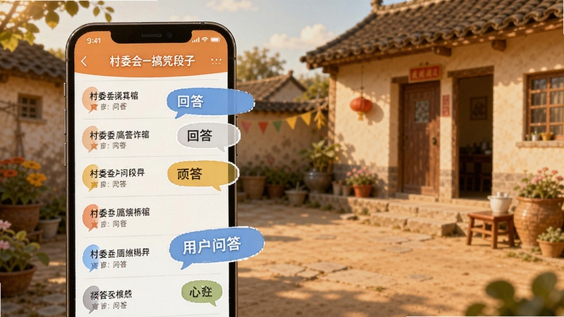 村委会-搞笑段子 用户问答界面示意图,画面展示手机屏幕中常见问题列表和回答气泡,背景为温馨的乡村庭院,风格亲切友好