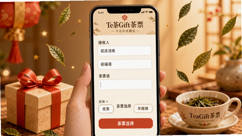 TeaGift��Ʊ���ͽ��棬����չʾ�ֻ���Ļ����д������Ϣ�ı��������������ˡ�ף�������Ʊѡ����Ļ��Χ����������ҶƮ���װ��Ԫ�أ������Χ��ܰϲ�졣