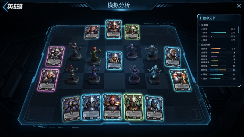 卡包英雄 卡组模拟对战界面 虚拟棋盘 卡牌对战 数据面板 胜率分析 科技感UI 深色背景 卡牌发光
