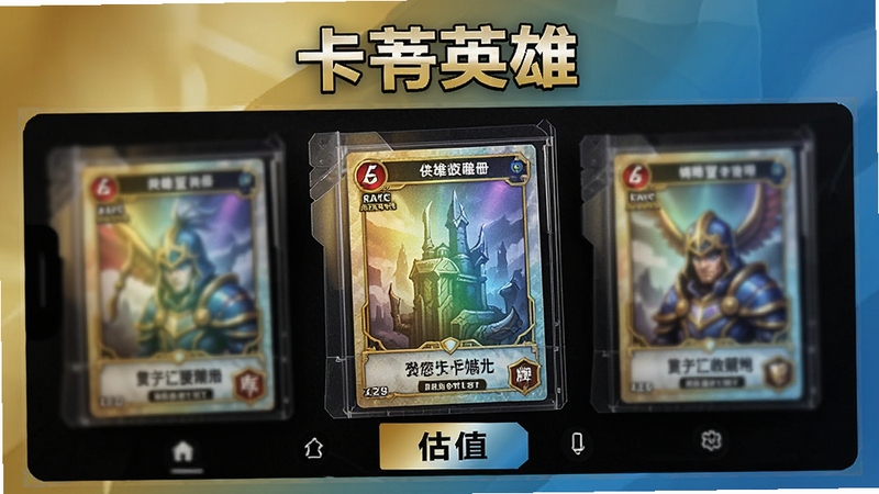 卡包英雄 稀有卡牌收藏册 闪卡展示 估值标签 收藏海报 金色与蓝色渐变 卡牌细节精致 手机界面