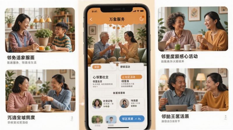 万象服务 邻里社交 社区活动 手机界面 邻里互动 温馨和谐 多彩生活场景