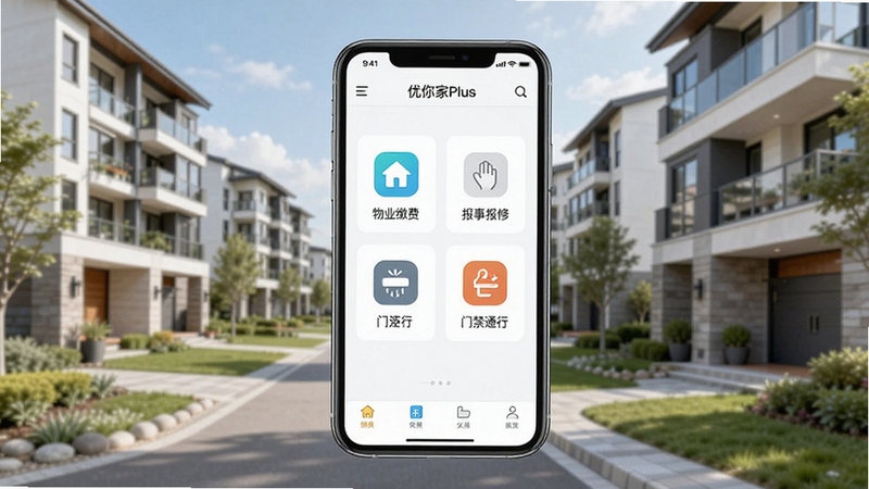 优你家Plus应用整体界面展示,手机屏幕中呈现社区服务首页,包含物业缴费、报事报修、门禁通行等功能图标,背景为现代住宅小区环境,画面明亮清晰,风格简约写实