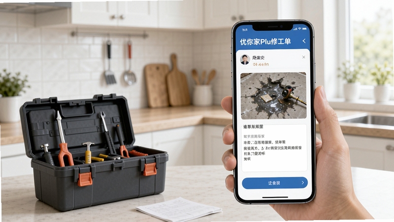 优你家Plus报修工单提交界面,用户正在上传故障照片并填写文字描述,手机旁放置维修工具箱,背景为家庭厨房一角,画面干净整洁