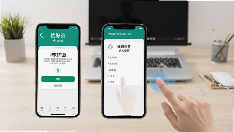 优你家Plus安装设置操作示意图,手机屏幕展示权限开启与通知设置界面,旁边有手指点击操作示意,背景简洁办公桌面