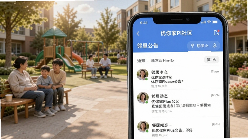 优你家Plus社区公告与邻里互动界面,手机屏幕展示通知列表与邻居动态,背景为小区休闲广场,阳光明媚,氛围轻松友好