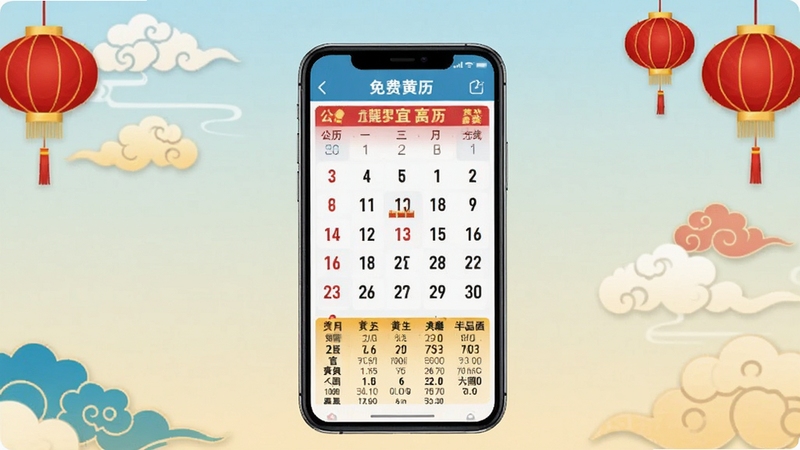 免费黄历万年历软件主界面预览图,画面中央展示手机屏幕,屏幕内呈现公历农历对照日历与黄历宜忌信息,背景为浅色渐变,四周点缀中国风祥云与红色灯笼元素,整体风格简洁喜庆,适配Boogu模型生成