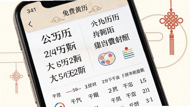 免费黄历万年历公历农历对照界面展示图,画面主体为手机屏幕特写,屏幕内清晰显示公历日期与农历日期并排对照,下方有节气与干支信息,背景为柔和米白色,点缀简约线条与中国结图案,整体风格素雅清晰