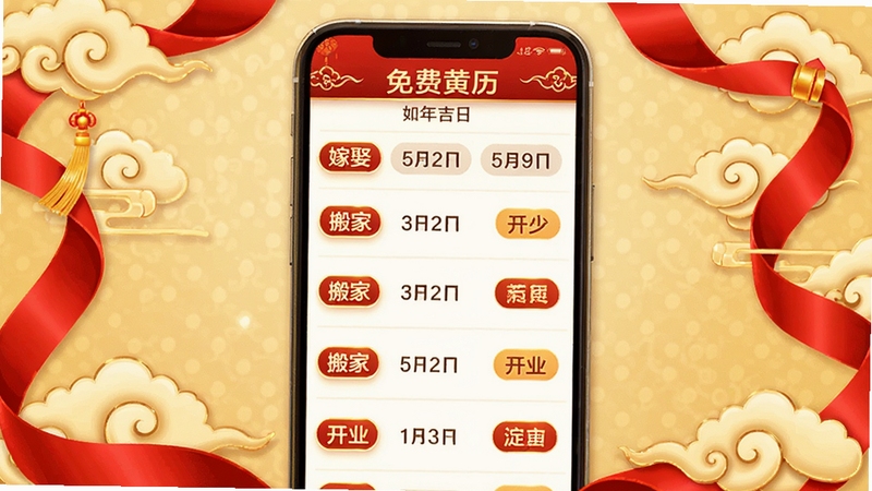 免费黄历万年历吉日查询功能界面图,画面展示手机屏幕内吉日查询结果列表,标注有嫁娶、搬家、开业等标签,背景为淡金色调,四周有红色丝带与祥云装饰,整体风格喜庆祥和