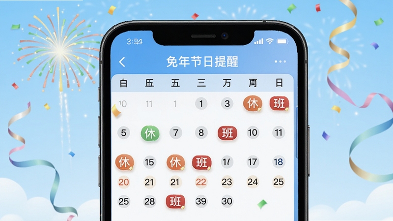 免费黄历万年历节假日提醒界面图,画面展示手机屏幕内日历视图,特定日期标注有休与班标识,背景为浅蓝色渐变,点缀有烟花与彩带元素,整体风格轻松明快