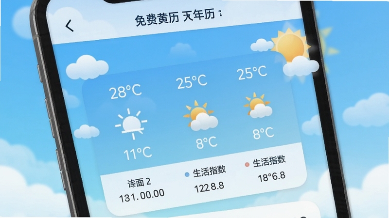 免费黄历万年历天气预报界面图,画面展示手机屏幕内天气信息卡片,包含温度、天气图标与生活指数,背景为天空蓝渐变,点缀有云朵与太阳图案,整体风格清新自然